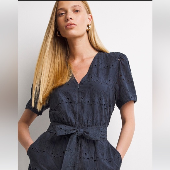 Whistles Zoe Broderie Jumpsuit Eyelet Self Tie Straight Leg Navy Blue Sz 2 NWT - Picture 2 of 8